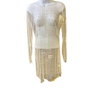 Sheer Pearl Rhinestone Embellished Long Sleeve Dress Party Cocktail M*